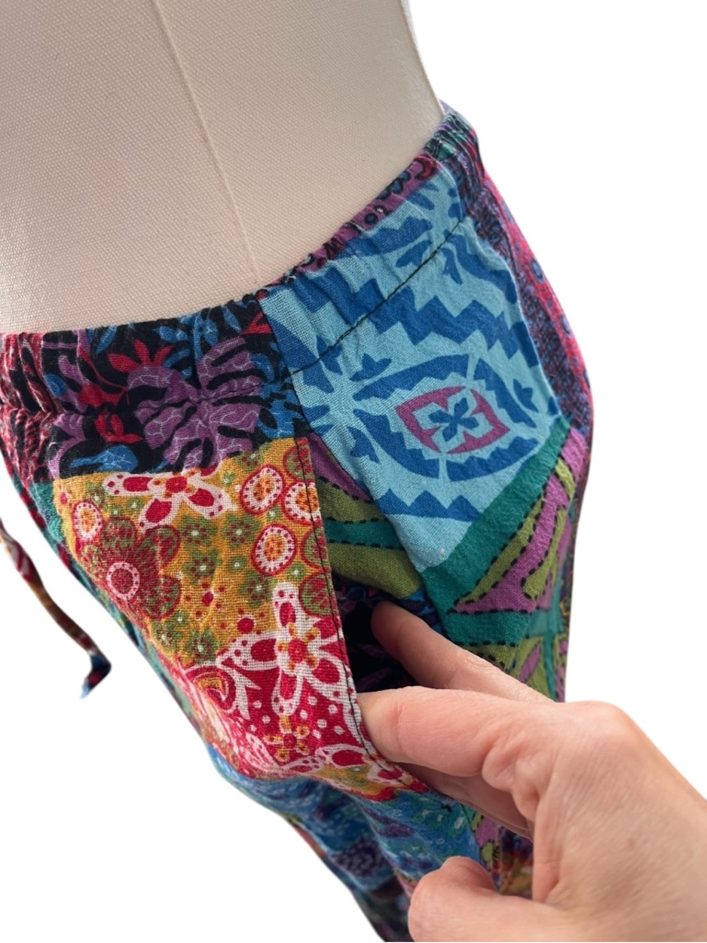 Patchwork multicolor harem style pants with pockets drawstring waist boho S - Picture 8 of 10